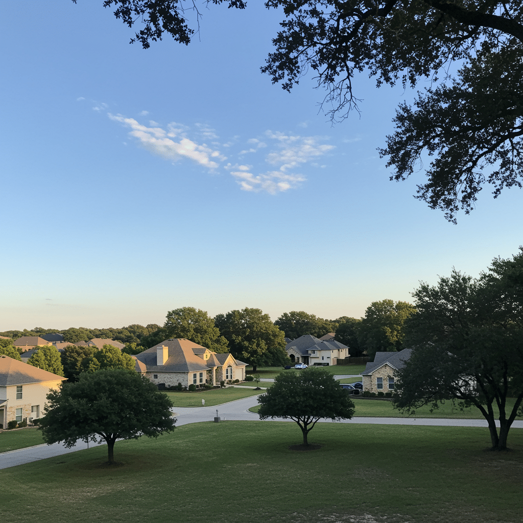 Beautiful residential neighborhood near 7588 FM2449 in Ponder, TX, showcasing large ranch-style homes and well-maintained green lawns, ideal for septic system services