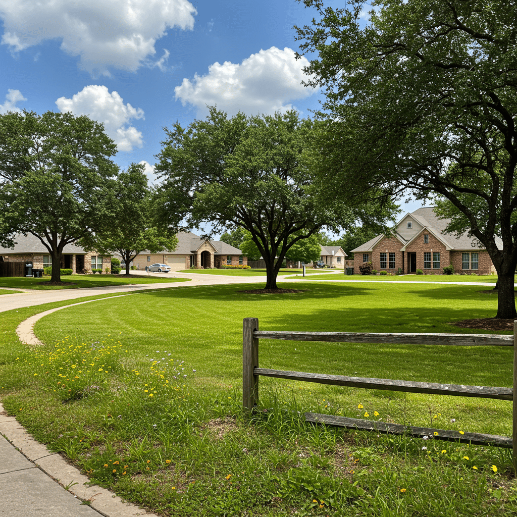 Pristine green lawn and spacious residential property in Ponder, TX with traditional brick home and mature oak trees, representing professional septic services