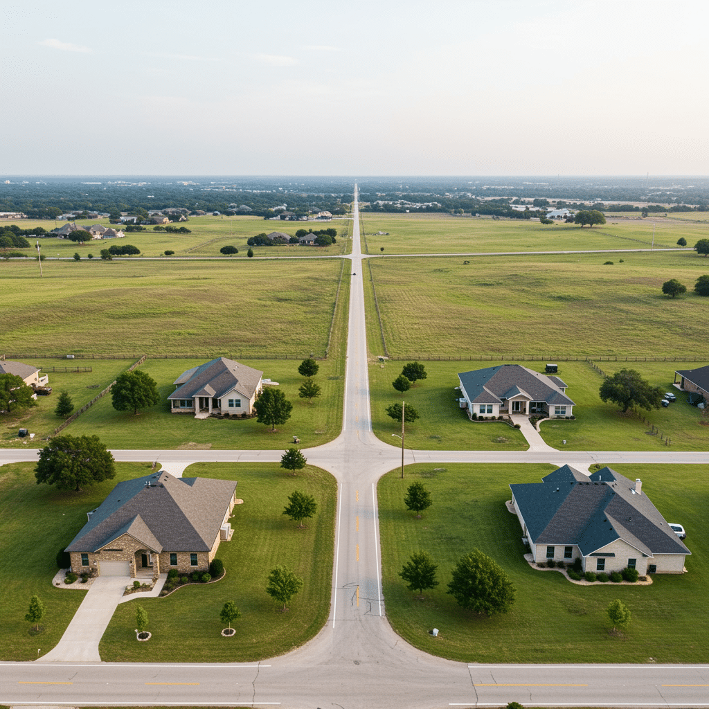 Spacious property with open fields and well-kept yard in Ponder, TX, reflecting septic service area near 7588 FM2449