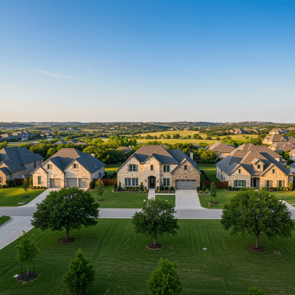 Panoramic view of a well-maintained residential neighborhood near 7588 FM2449, Ponder, TX 76259, showing large brick homes, green lawns, and native trees under a sunny Texas sky.