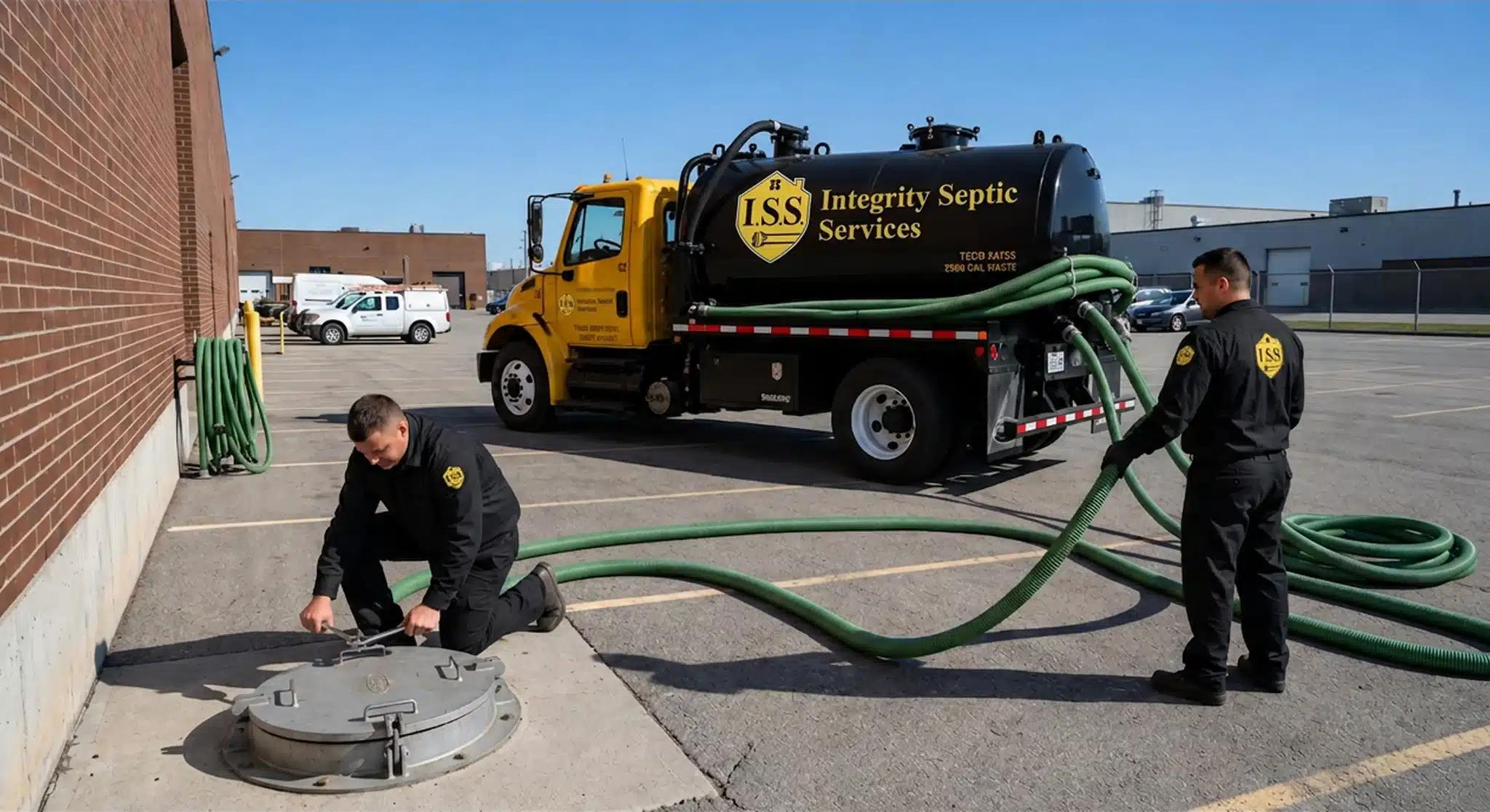 Clean commercial property lawn with a secure septic tank cover, showcasing professional commercial septic pumping services