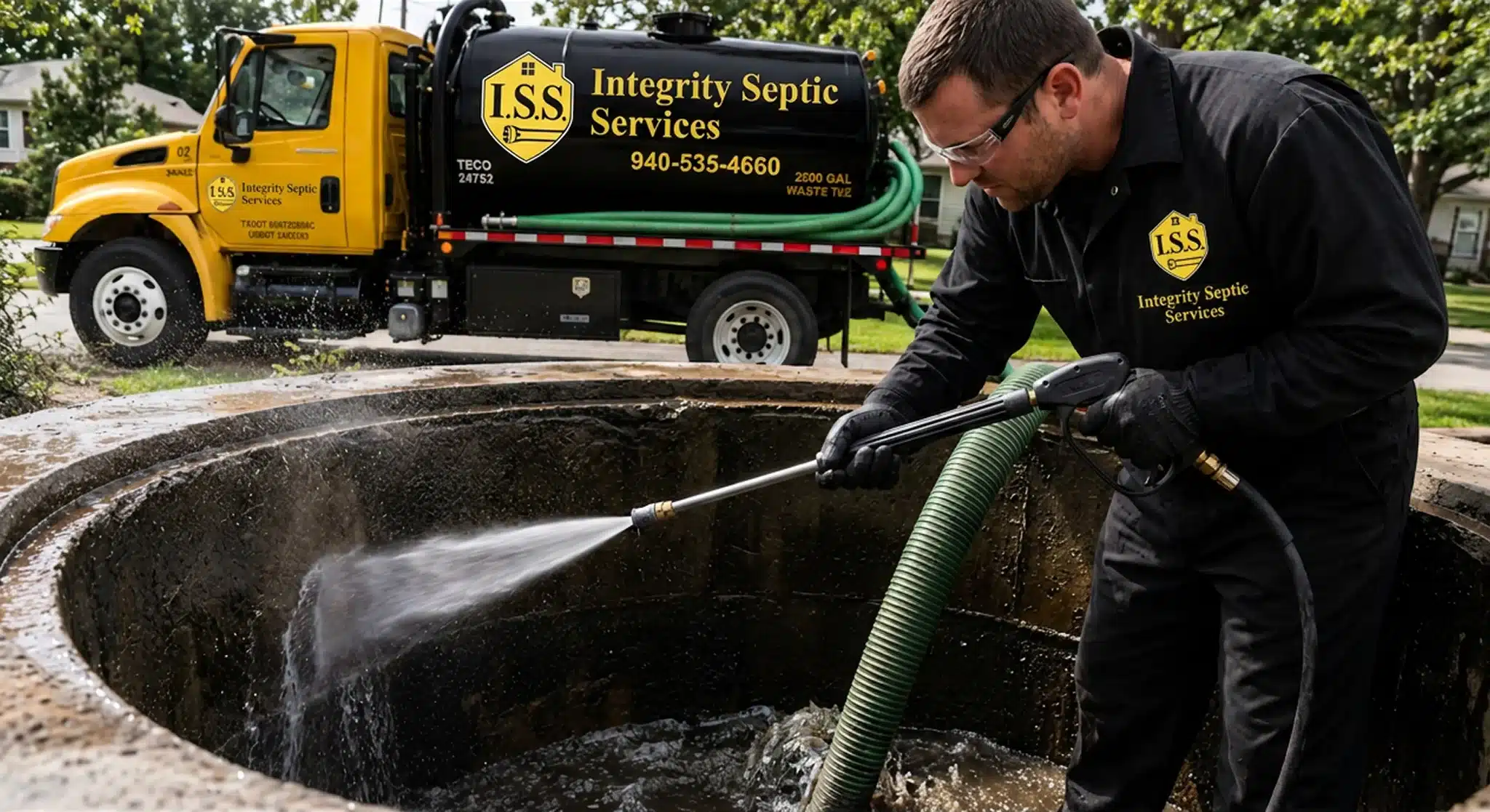 Clean and maintained septic tank cover in a lush backyard after professional septic cleaning service