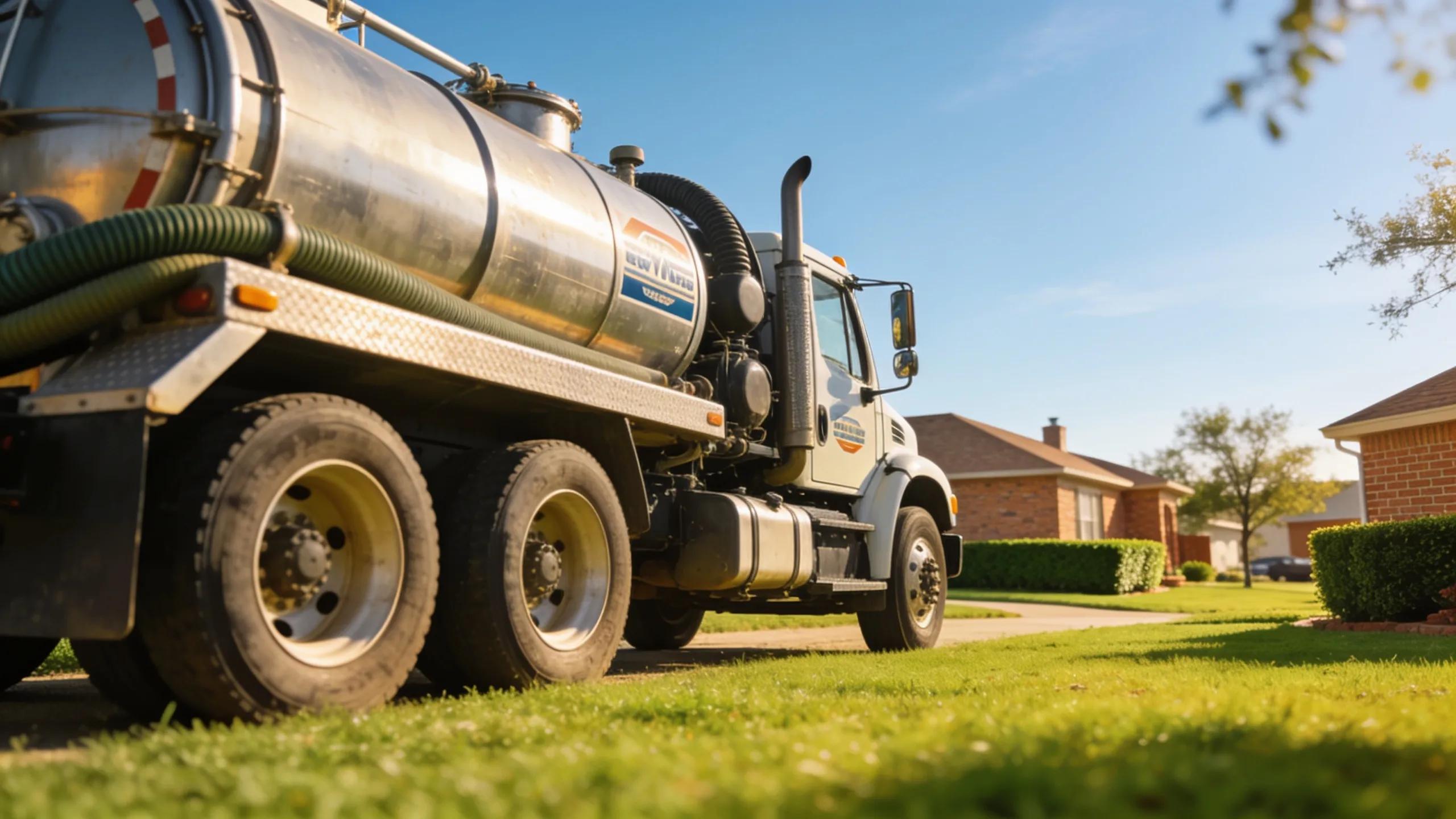Septic pumping truck in a North Texas neighborhood, emphasizing septic services availability