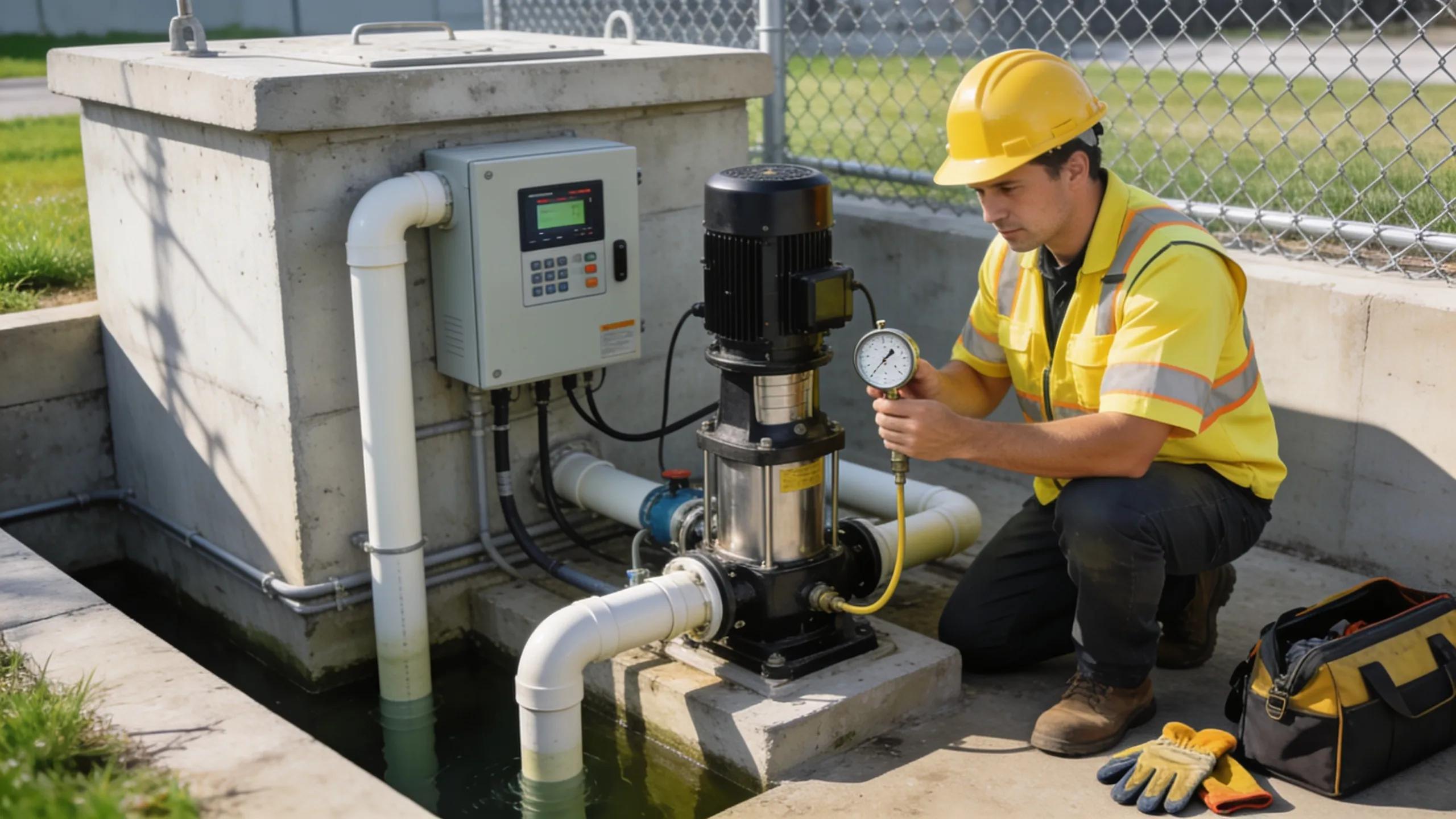 Technician performing lift station pumping service with specialized equipment